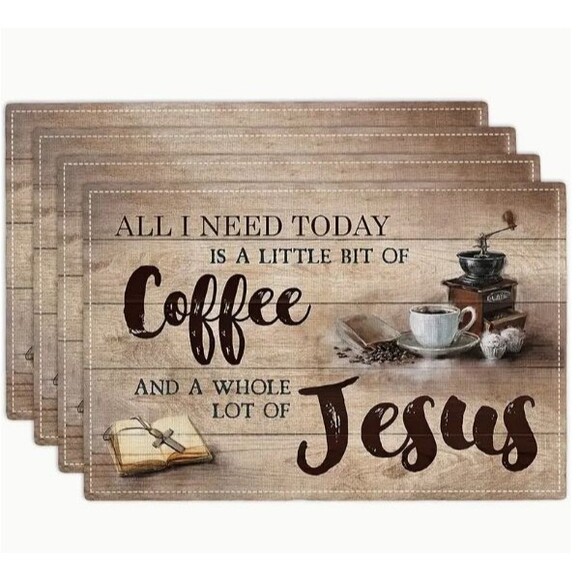 4 Piece Placemat Set 12x18in Woven Polyester Coffee & Jesus - Picture 1 of 1